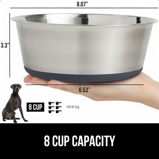GORILLA GRIP Set of 2 Dog Bowls, Holds 8 Cups (64 fl oz), Heavy Duty Metal Food and Water Bowl for Feeding Dogs and Cats, Dishwasher Safe, Rust Resistant Stainless Steel, BPA Free Rubber Base, Gray