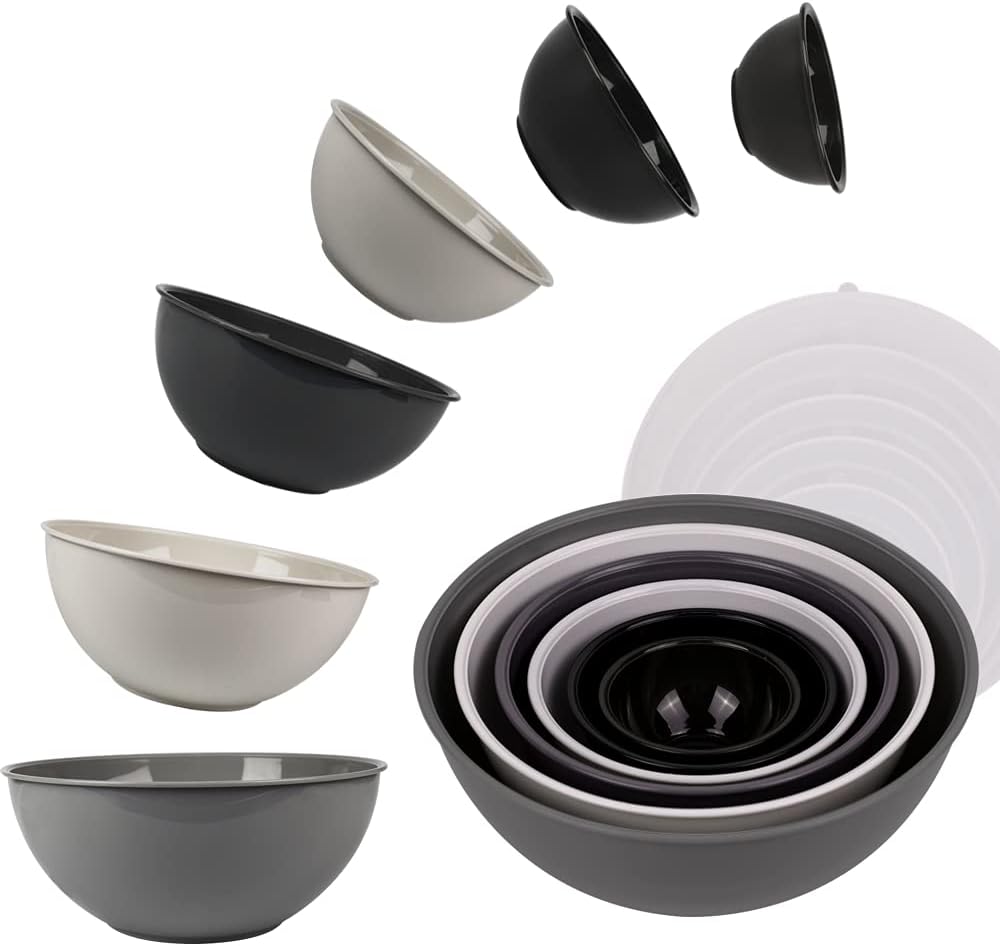 BoxedHome BPA Free Plastic Round Mixing Bowl with Lids, 12 Pack Nesting Bowls with Lids Set, Microwave and Dishwasher Safe Prep & Serving Bowls Great for Mixing, Baking, Serving (Grey, 12pcs)