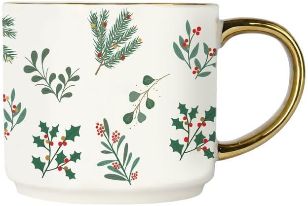 Sweet Water Decor Holiday Greenery Coffee Mug, 14oz China Christmas Mug with Gold Handle, Large Holiday Winter Cup for Coffee, Tea & Hot Chocolate, Stocking Stuffer Gifts for Women