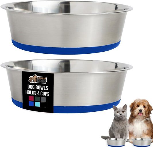 GORILLA GRIP Set of 2 Dog Bowls, Holds 4 Cups (32 fl oz), Heavy Duty Metal Food and Water Bowl for Feeding Dogs and Cats, Dishwasher Safe, Rust Resistant Stainless Steel, BPA Free Rubber Base, Blue