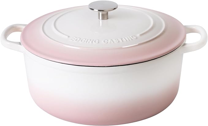 Enameled Cast Iron Dutch Oven Pot With Lid, 7 Quart, for Bread Baking, Cooking, White-Pink