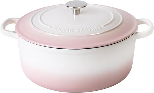 Enameled Cast Iron Dutch Oven Pot With Lid, 7 Quart, for Bread Baking, Cooking, White-Pink