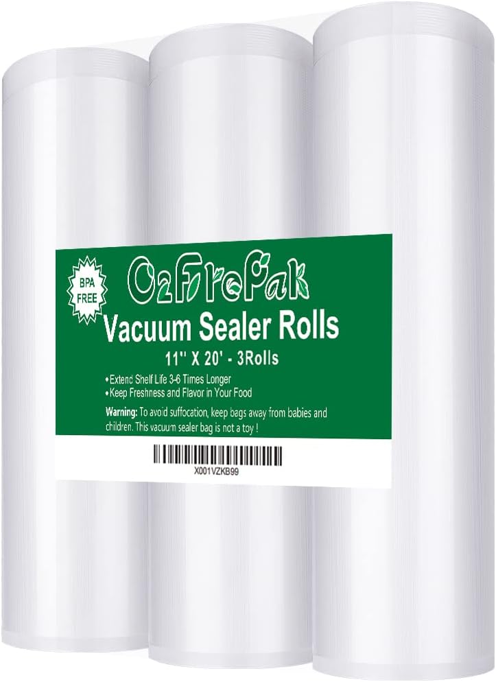 O2frepak 3 Pack 11"x20' Rolls Vacuum Sealer Bags Rolls with BPA Free,Heavy Duty Vacuum Sealer Storage Bags Rolls,Cut to Size Roll,Great for Sous Vide (Total 60 feet)