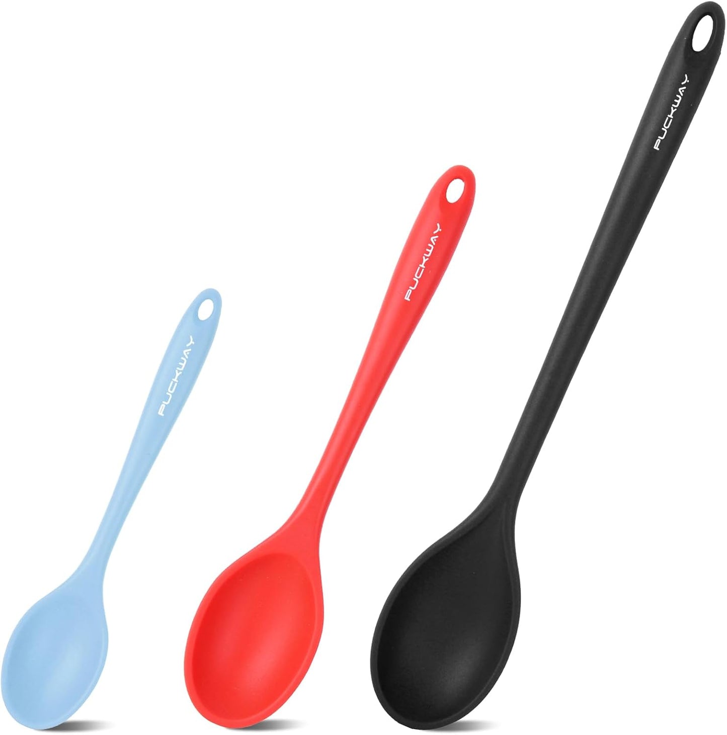 3 Pcs Silicone Spoons Set of 7.9 10.6 14.2 inch for Cooking, Heat Resistant Kitchen Spoons for Mixing, Stirring, and Serving, Small to Large Non Stick (Black & Red & Blue)