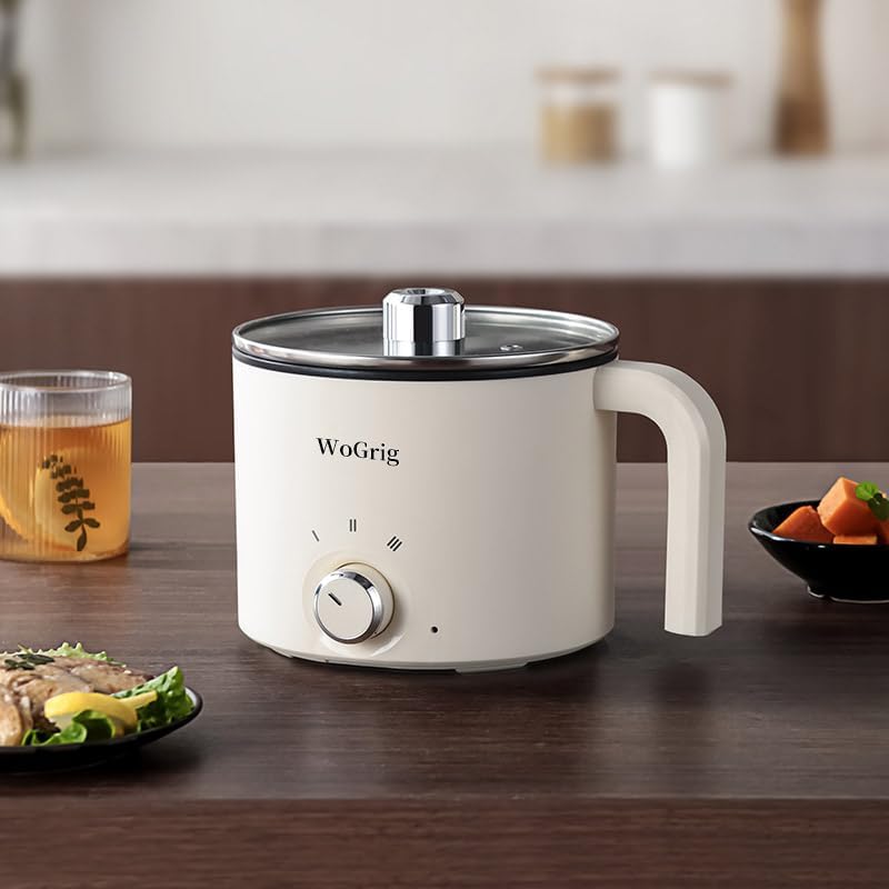 1.8L Electric Hot Pot，Ramen Cooker, Dual power supply Mini Portable Multi-Functional Lazy Pot for Pasta, Noodles, Egg, Soup,Rice，Non-Stick Noodle Cooker with Boil Dry Protection for Dorm, Office (white)