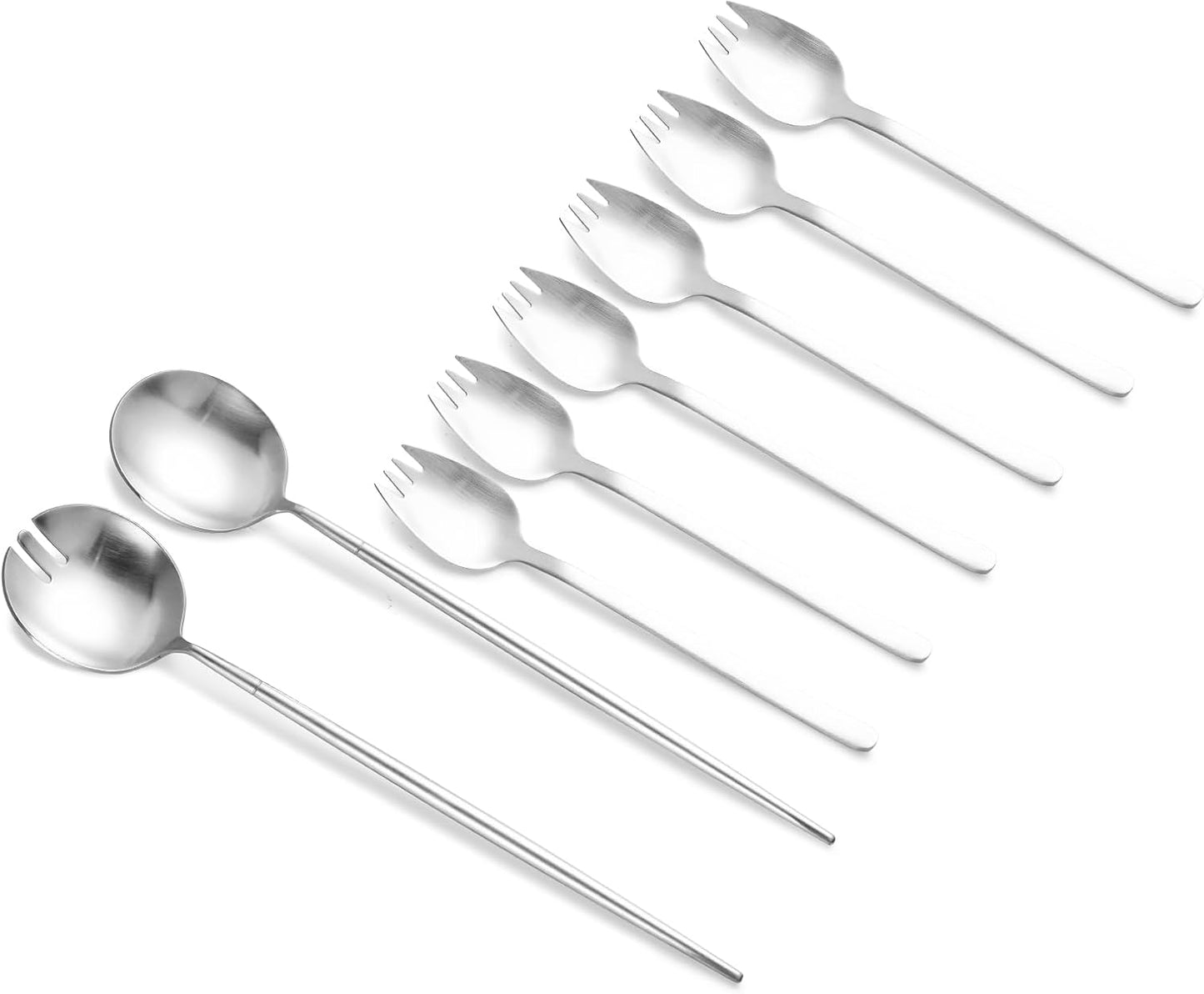 8-Piece Silver Salad Serving Set - 11.4 inch Stainless Steel Spoon & Fork with 6 Salad Forks, Titanium Plating, Dishwasher Safe for Entertaining, Parties