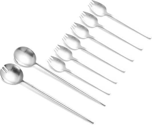 8-Piece Silver Salad Serving Set - 11.4 inch Stainless Steel Spoon & Fork with 6 Salad Forks, Titanium Plating, Dishwasher Safe for Entertaining, Parties