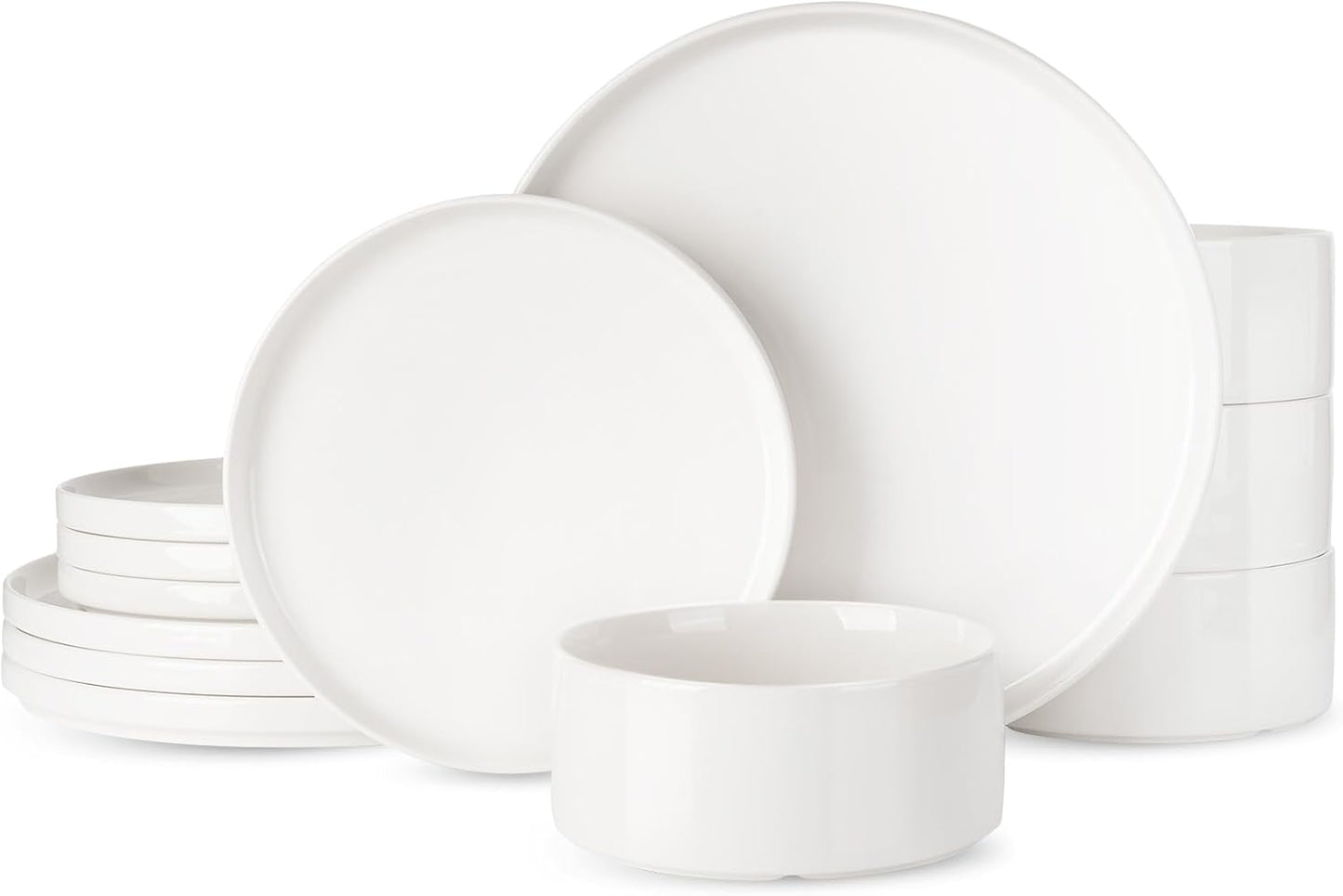 Famiware Porcelain Dinnerware Set, 12-Piece Modern Plate and Bowl Set, Dish Set for 4, Microwave and Dishwasher Safe Tableware, White