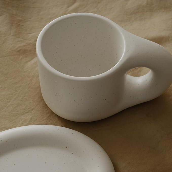 WENSHUO Chubby Funny Coffee Mug, Novelty Cute Cup and Saucer, Matte Crème, 9 oz (Nacre White)