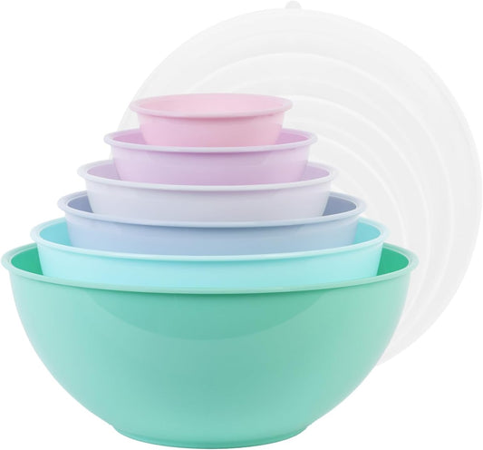 BoxedHome BPA Free Plastic Round Mixing Bowl with Lids, 12 Pack Nesting Bowls with Lids Set, Microwave and Dishwasher Safe Prep & Serving Bowls Great for Mixing, Baking, Serving (pinkish green, 12pcs)