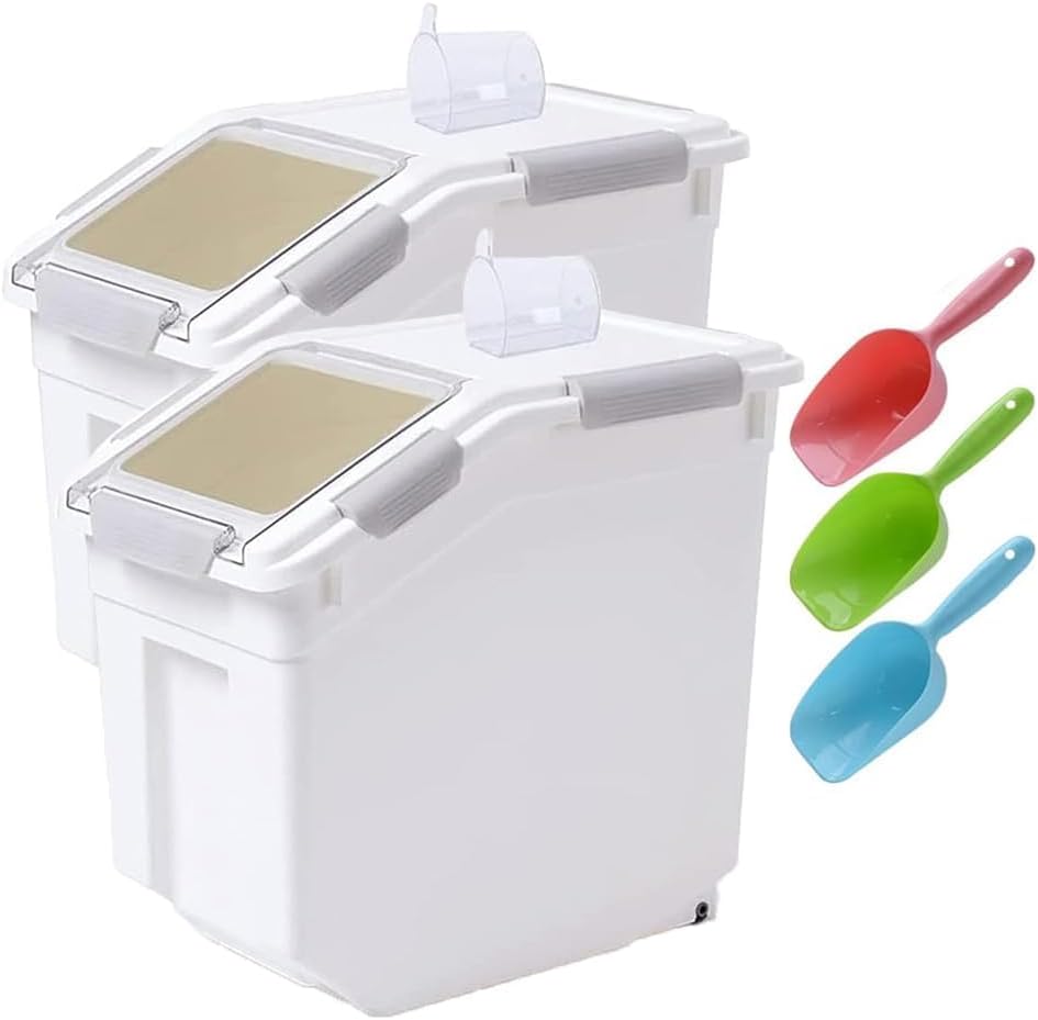 Large Flour Storage Container 25lb, 2 Pack BPA FREE Plastic Airtight Rice Storage Bin Pantry and Kitchen Food Organization, Barrel Measuring Cup and Airtight Lid for Sugar [Grey ]