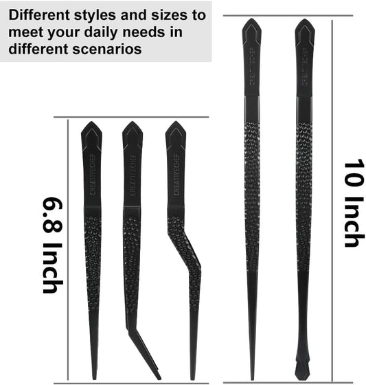 CREATIVECHEF Chef Tweezer Tongs, Professional Kitchen Tweezers, Precision Tweezer Tongs for Cooking, BBQ, Plating, Stainless Steel, Black (5)