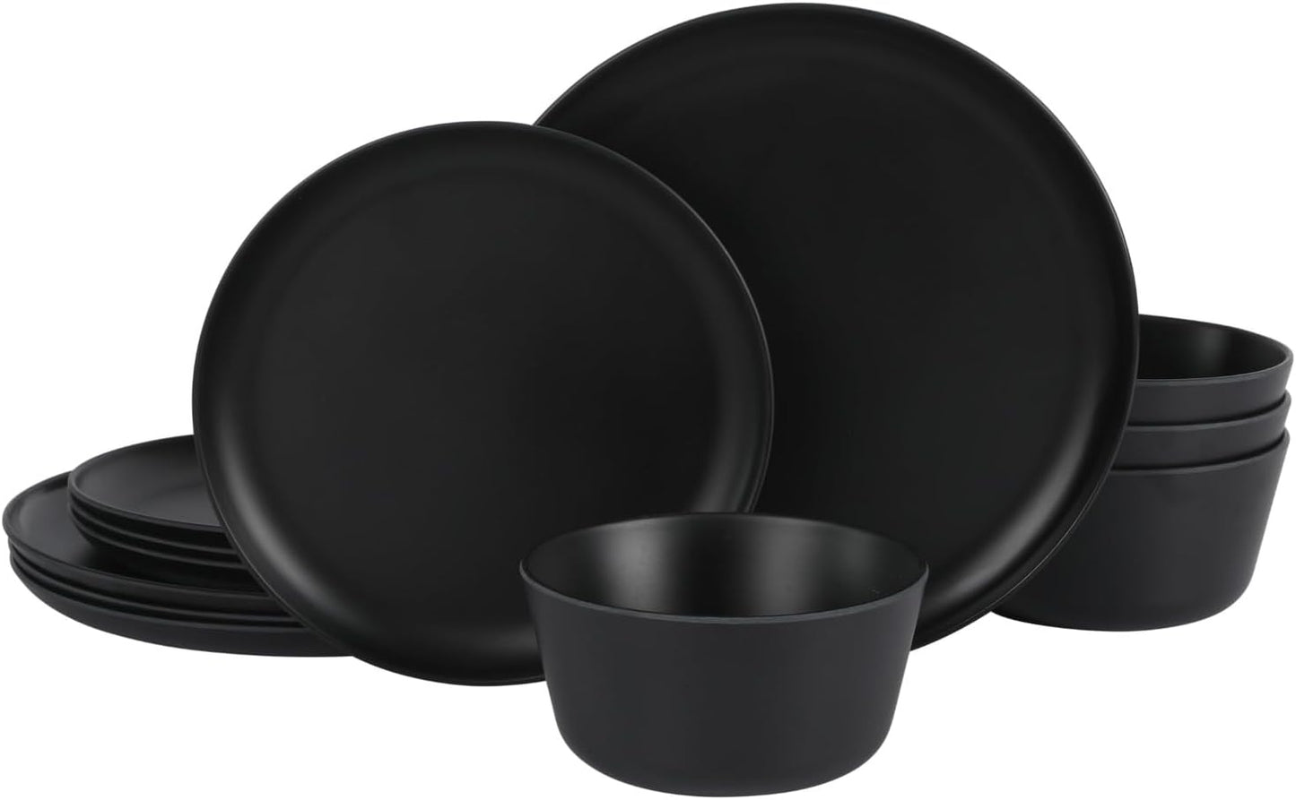 Gibson Home Fairhope 12-Piece Matte Black Melamine Dinnerware Set – Durable Lightweight Plates and Bowls, Kitchen Dining Set