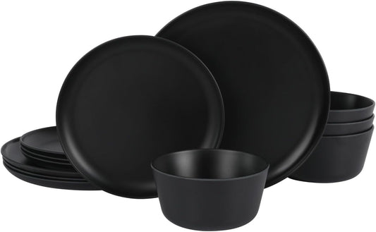 Gibson Home Fairhope 12-Piece Matte Black Melamine Dinnerware Set – Durable Lightweight Plates and Bowls, Kitchen Dining Set