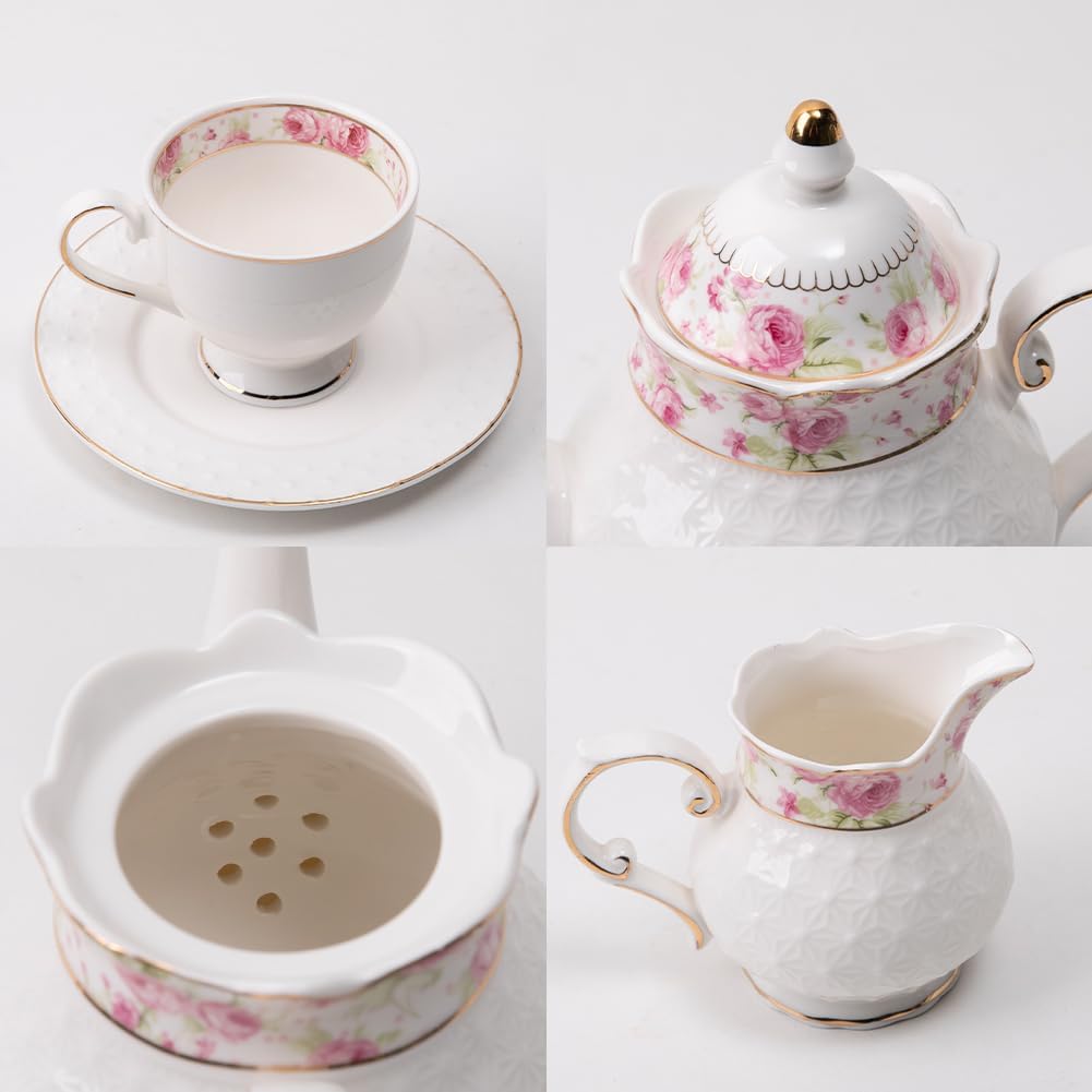 Sweejar 21 Pieces Porcelain Tea Set, Vintage Floral Gold Trimmed Teapot Cup and Saucer Set, Tea Cup for Loose Tea, Sugar Bowl and Creamer Pitcher with Spoons, Service for 6(Retro Flower)