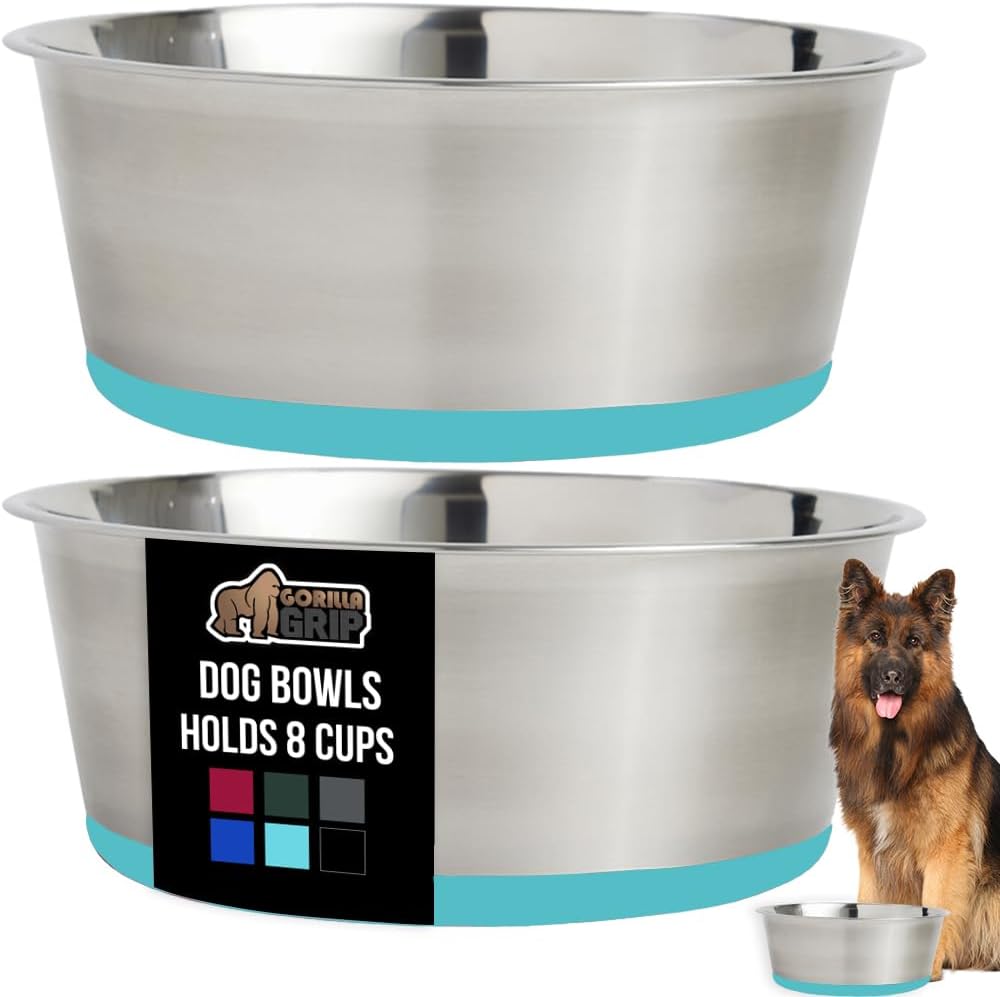 GORILLA GRIP Set of 2 Dog Bowls, Holds 8 Cups (64 fl oz), Heavy Duty Metal Food and Water Bowl for Feeding Dogs and Cats, Dishwasher Safe Rust Resistant Stainless Steel, BPA Free Rubber Base Turquoise