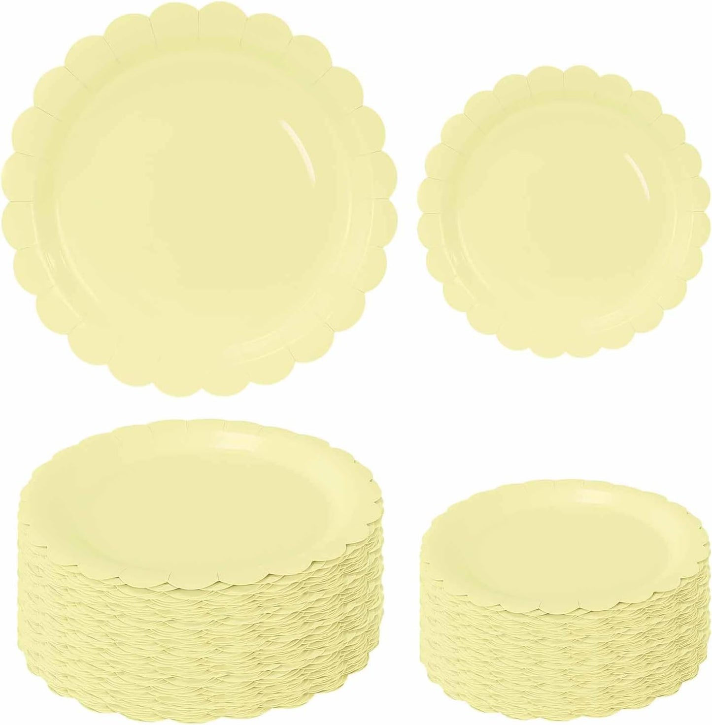 50 Pcs Yellow Scalloped Paper Plates 25 × 7'' and 25 × 9'' Disposable Yellow Scalloped Dinner Plates for Wedding Baby Shower Birthday Party Disposable Dessert Plate