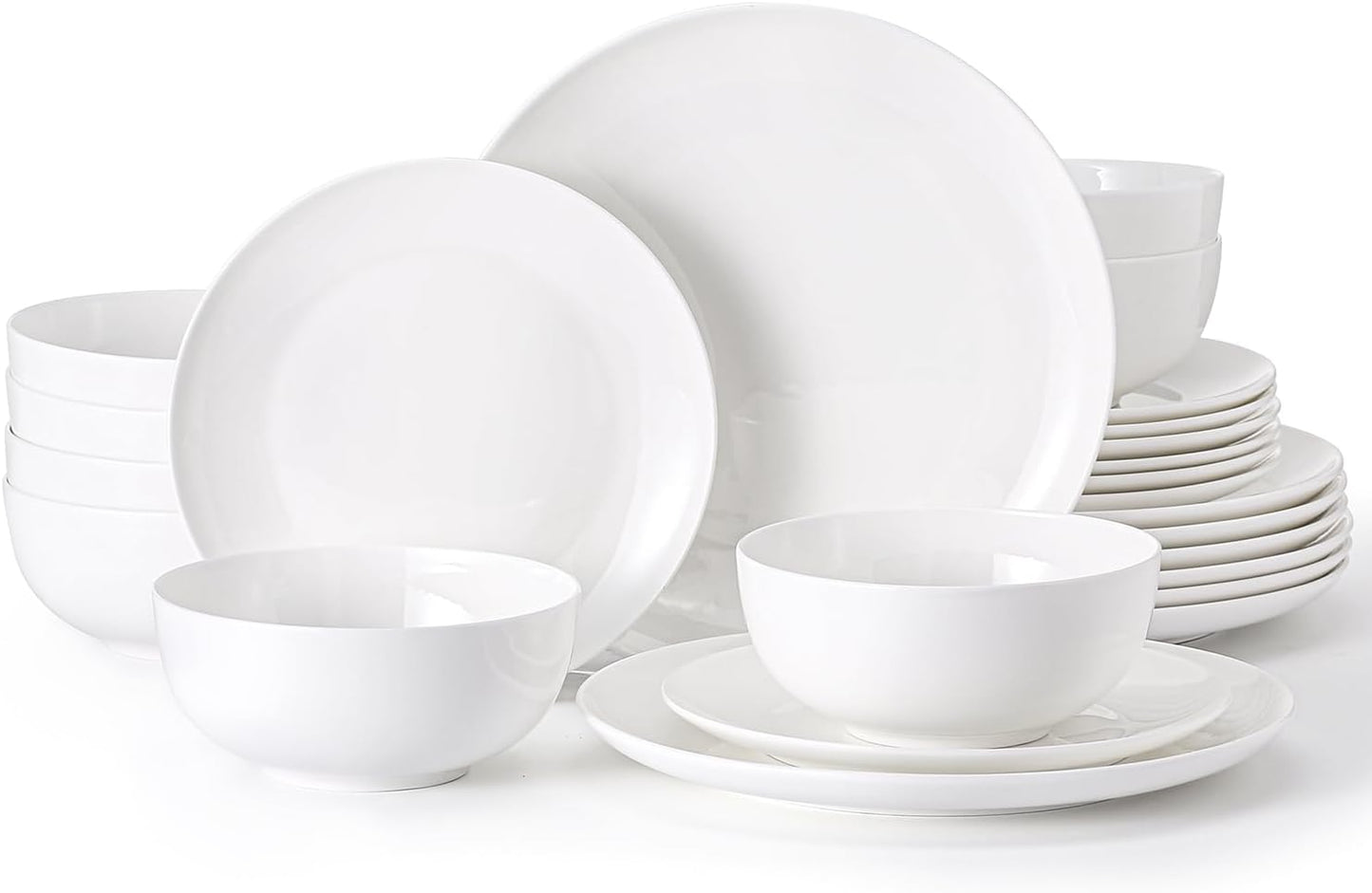 KINGSTONE Bone China Dinnerware Sets, 24-Piece Dinnerware Set for 8, Lightweight Durable, Dishwasher Safe, Tableware for Daily Use with Elegant Design, White