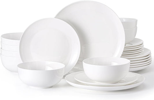 KINGSTONE Bone China Dinnerware Sets, 24-Piece Dinnerware Set for 8, Lightweight Durable, Dishwasher Safe, Tableware for Daily Use with Elegant Design, White
