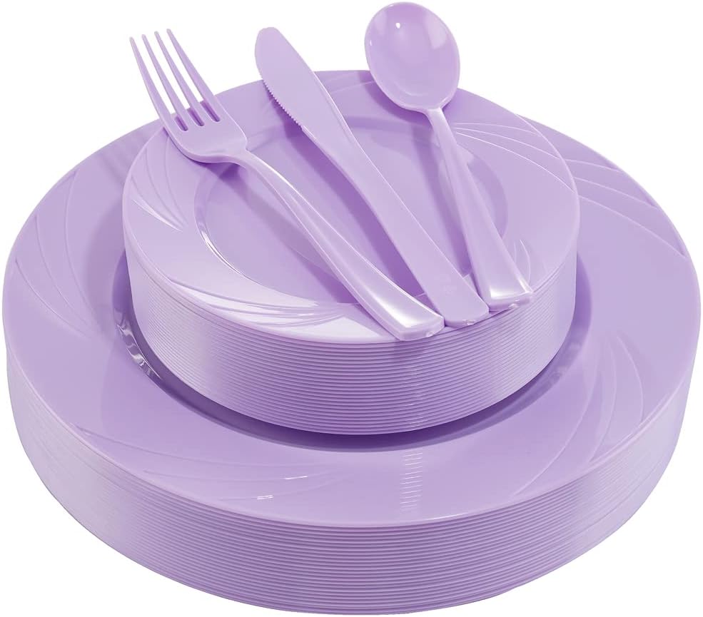 YOUBET 125PCS Purple Plastic Plates - Lavender Plate - Purple Plastic Silverware - Include 50 Dinner & Dessert Plates 25 Forks 25 Knives 25 Spoons for Wedding Birthday Parties