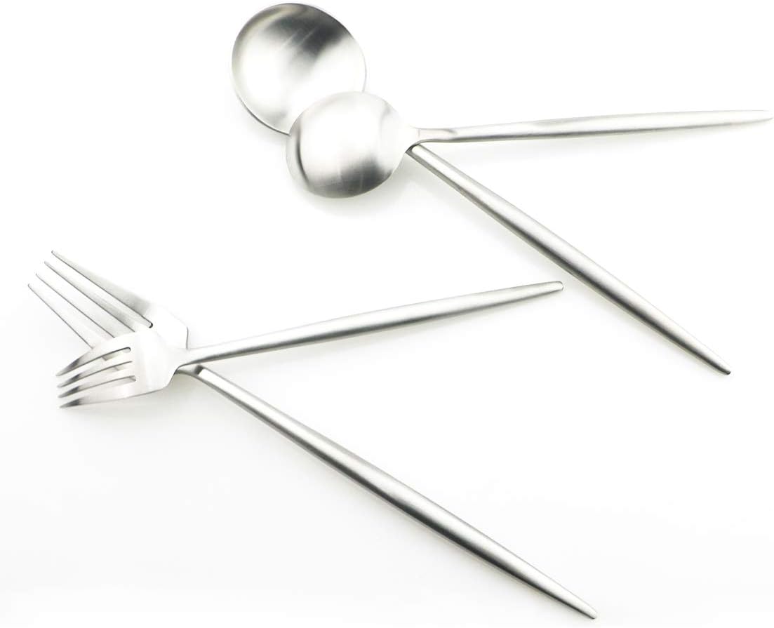 Gugrida 5 Pieces Matte Silver Flatware Set, 18/10 Stainless Steel Cutlery Sets Including Knife Fork Spoon w/Dessert Fork Teaspoon, Silverware Sets Service for 1