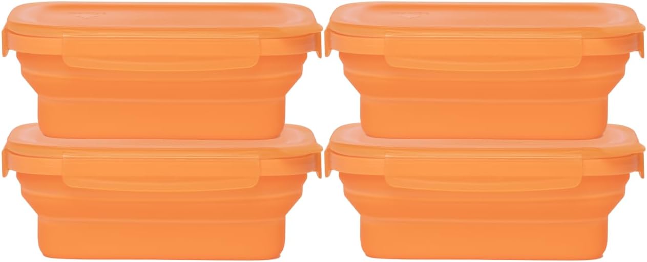 Drip EZ Secondz Collapsible Food Storage Containers – Set of 4, Space-Saving Airtight Meal Prep & Leftover Containers – Microwave, Freezer & Dishwasher Safe, BPA-Free, Locking Lids – Orange