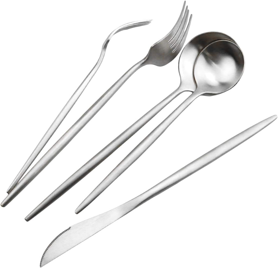 JASHII Royal Silverware Set, Matte 5 Pieces Food Grade 18/10 Stainless Steel Flatware Set Include Fork Spoon Knife Teasppons Utensils for Daily Use and Party, Service for 1, Anti Rust(Silver,1)