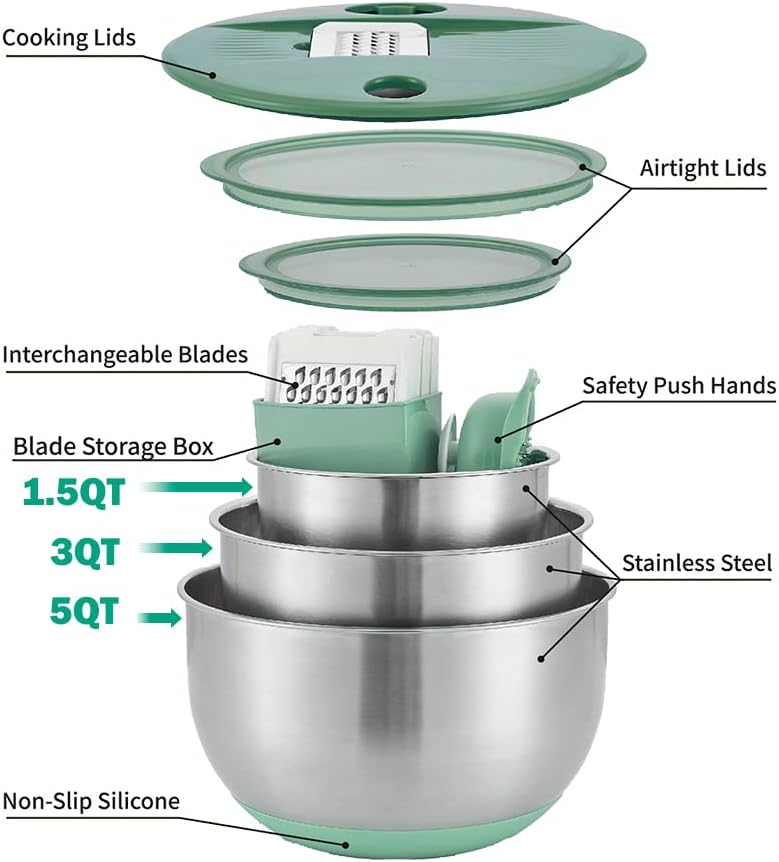 Mixing Bowls Set of 3 Stainless Steel Bowl with Lids Set, Nesting Bowls with Graters Airtight Lids for Cooking, Baking, Prepping(Green)