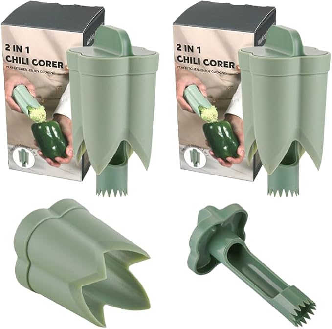 Pepper Corer, 2 in 1 Red Bell Pepper Seed Corer Remover Tool, Fruit & Vegetable Corers Quick Cave Tools for Jalapeno Cutter Deseeder, Green, 2 PCS