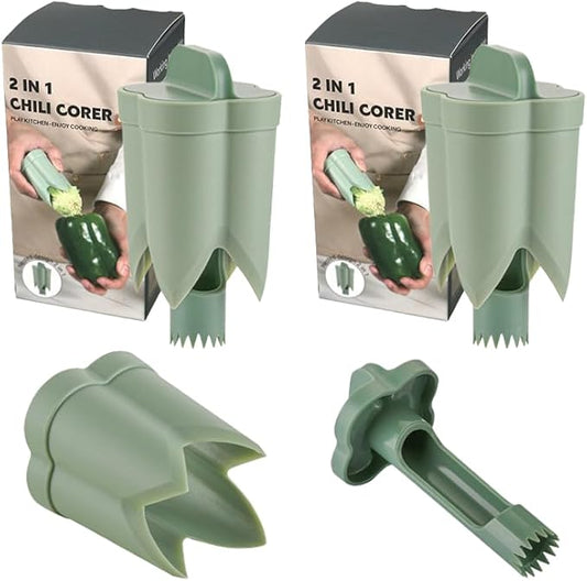 Pepper Corer, 2 in 1 Red Bell Pepper Seed Corer Remover Tool, Fruit & Vegetable Corers Quick Cave Tools for Jalapeno Cutter Deseeder, Green, 2 PCS
