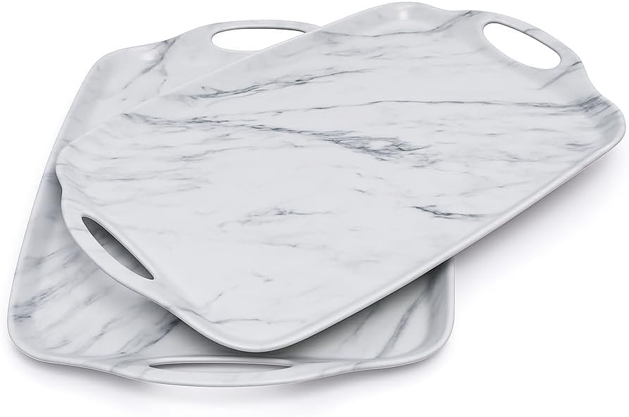 TP Serving Trays with Handles, 17 Inch Large Rectangular Melamine Serving Platter Set of 2, White Marble