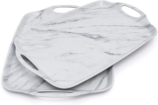 TP Serving Trays with Handles, 17 Inch Large Rectangular Melamine Serving Platter Set of 2, White Marble