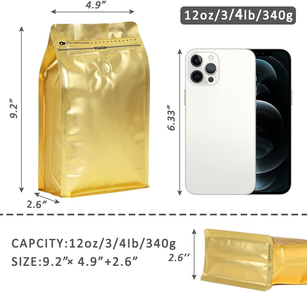 coffee bags with Valve High Barrier Aluminumed Foil Flat Bottom Standing Coffee Beans Storage Bags,Reusable Heat Sealable Side Zipper Pouches (12oz/100pcs, Gold)