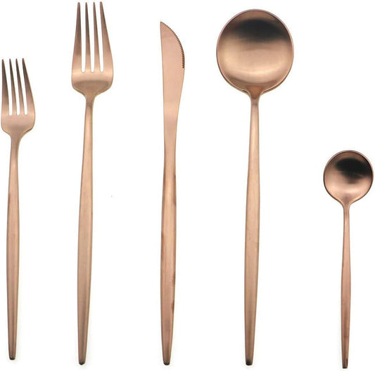 Gugrida 5 Pieces Matte Rose Gold Flatware Set, 18/10 Stainless Steel Cutlery Sets Including Knife Fork Spoon w/Dessert Fork Teaspoon, Silverware Sets Service for 1