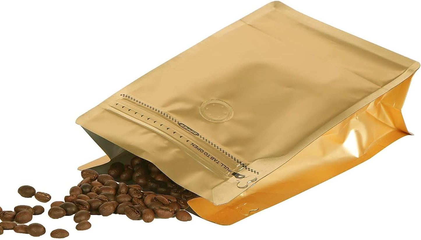 coffee bags with Valve High Barrier Aluminumed Foil Flat Bottom Standing Coffee Beans Storage Bags,Reusable Heat Sealable Side Zipper Pouches (12oz/50pcs, Gold)