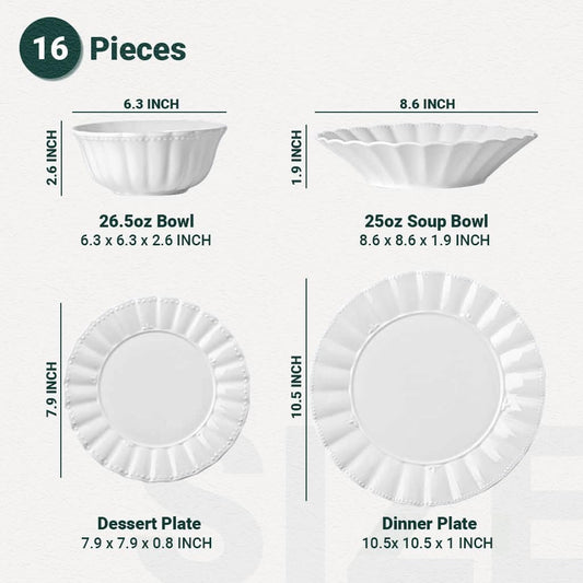 Plates and Bowls Sets, 16 Piece Dinnerware Sets, Porcelain Dinner Set with Plates and Bowls, Ceramic tableware, Modern Bone China Dish Set for 4, Wavy Pattern