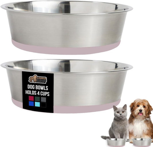 GORILLA GRIP Set of 2 Dog Bowls, Holds 4 Cups (32 fl oz), Heavy Duty Metal Food and Water Bowl for Feeding Dogs and Cats, Dishwasher Safe, Rust Resistant Stainless Steel, BPA Free Rubber Base, Lt Pink