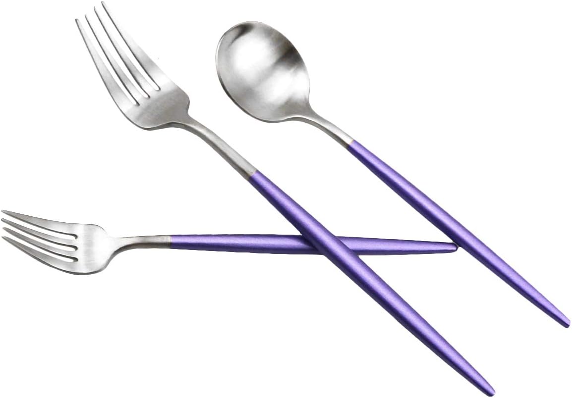 JASHII Silverware Sets, 20-Piece Flatware 18/10 Stainless Steel Heavy Weight Forged Cutlery Eating Utensils Forks Spoons Knives Set Tableware Service for 4 Matte Finished (Purple & Silver)