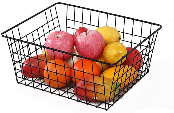 Kitchen Wire Baskets Farmhouse Decor Metal Food Storage Organizer,Household Refrigerator Bin with Built-in Handles for Cabinets,Pantry,Bathroom,Black