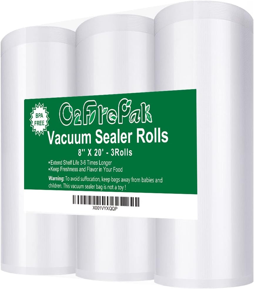 O2frepak 3 Pack 8"x20' Rolls Vacuum Sealer Bags Rolls with BPA Free,Heavy Duty Vacuum Sealer Storage Bags Rolls,Cut to Size Roll,Great for Sous Vide (Total 60 feet)