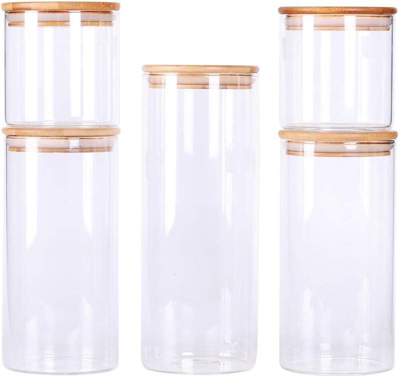 Stackable Kitchen Canisters Set, Pack of 5 Clear Glass Food Storage Jars Containers with Airtight Bamboo Lid for Candy, Cookie, Rice, Sugar, Flour, Pasta, Nuts