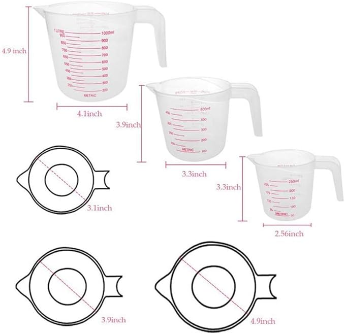 Plastic Measuring Cup Set,3Pcs BPA Free Plastic Clear Heat-resistant with Angled Grip and Spout Stackable Liquid Measuring Cup for Kitchen Use