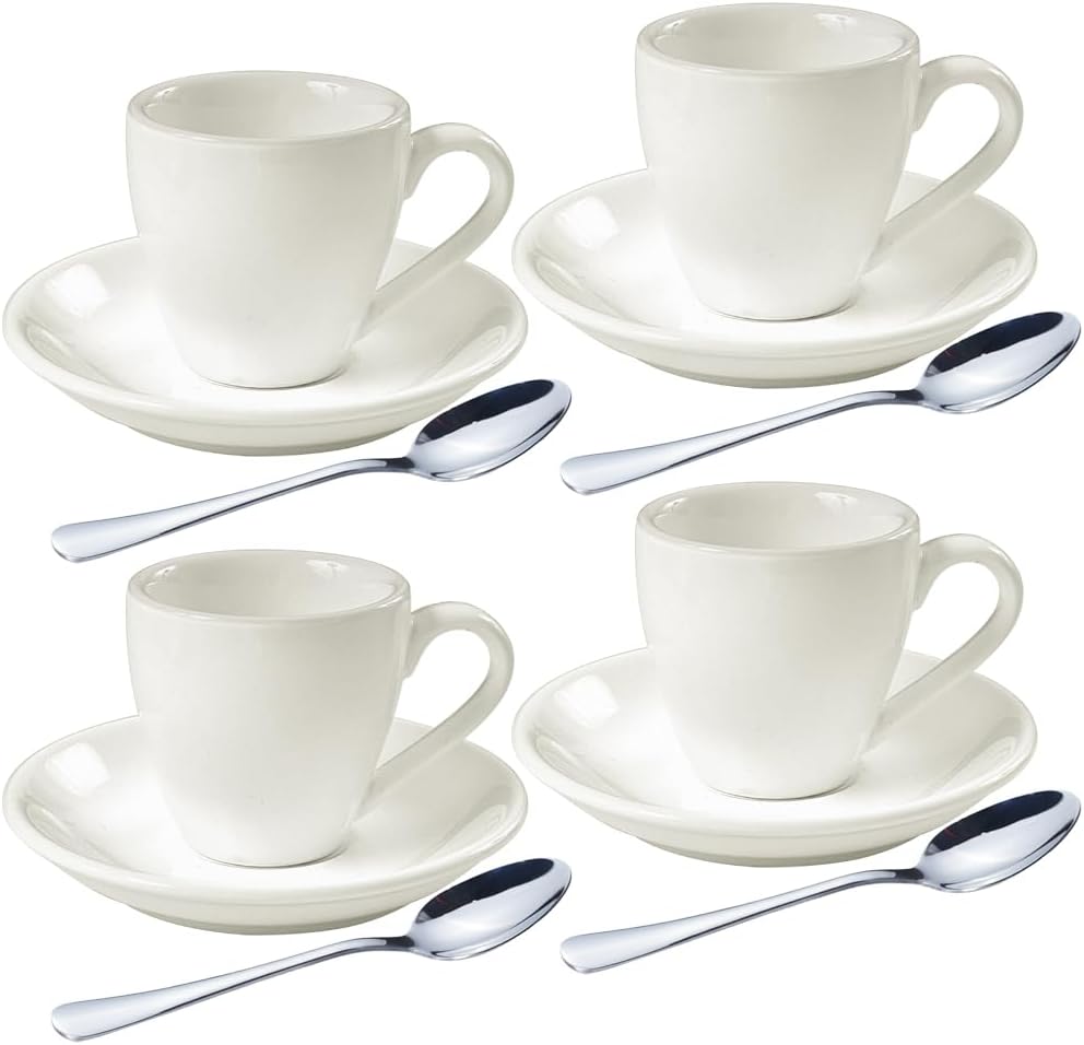 homEdge Porcelain Espresso Shot Cup Set with Saucers and Stainless Steel Spoons - 80 ml / 2.67 oz, Set of 4, White