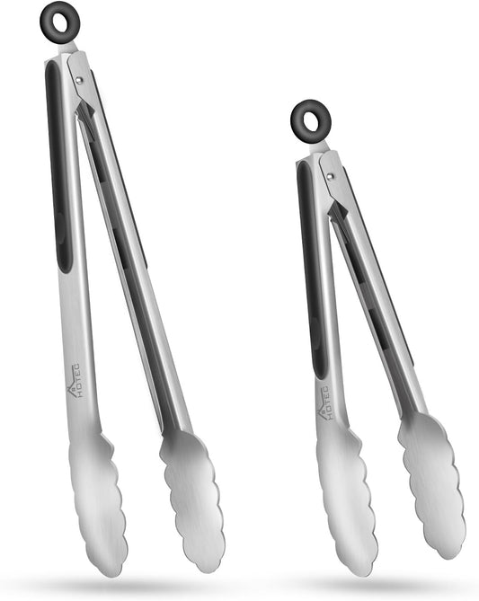 Hotec Stainless Steel Kitchen Tongs Set of 2 - 9" and 12", Locking Metal Food Tongs Non-Slip Grip
