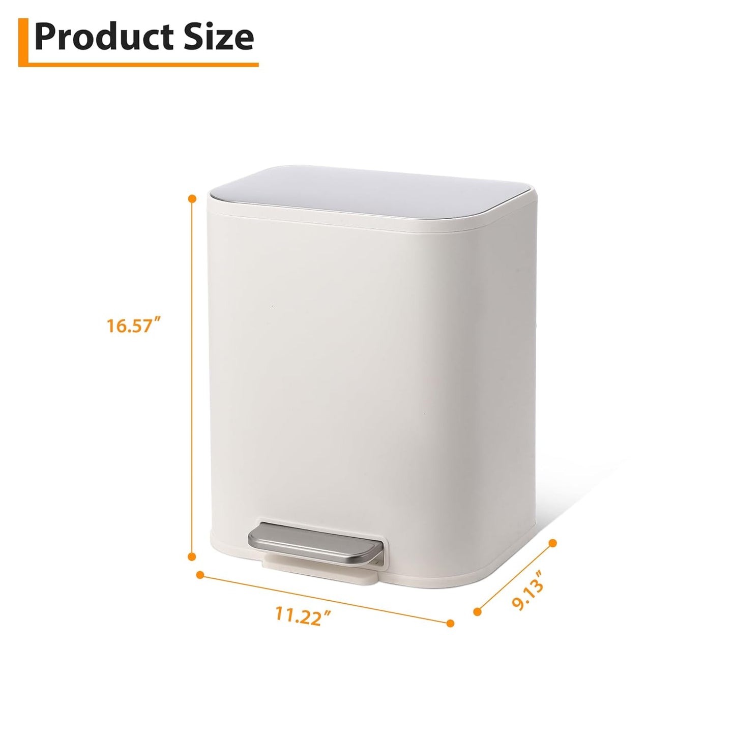 Bathroom Trash Can with Lid, 3.2 Gallon Stainless Steel Garbage Can with Step-On Pedal and Inner Bucket, Rectangular Trash Can for Kitchen Office Living Room Small Spaces (12 L, White)