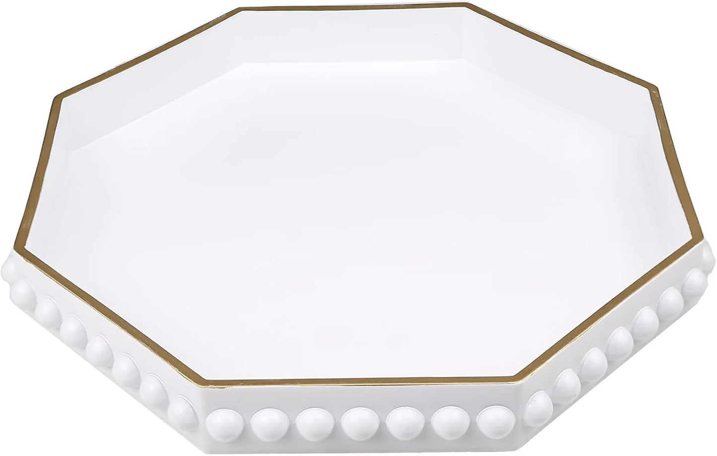 White Serving Tray for Coffee Table, Octagonal Beaded Plastic Decorative Tray for Ottoman, Kitchen Counter, Living Room, Outdoor Lacquer Tray for Entertaining