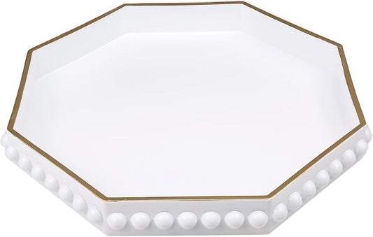 White Serving Tray for Coffee Table, Octagonal Beaded Plastic Decorative Tray for Ottoman, Kitchen Counter, Living Room, Outdoor Lacquer Tray for Entertaining