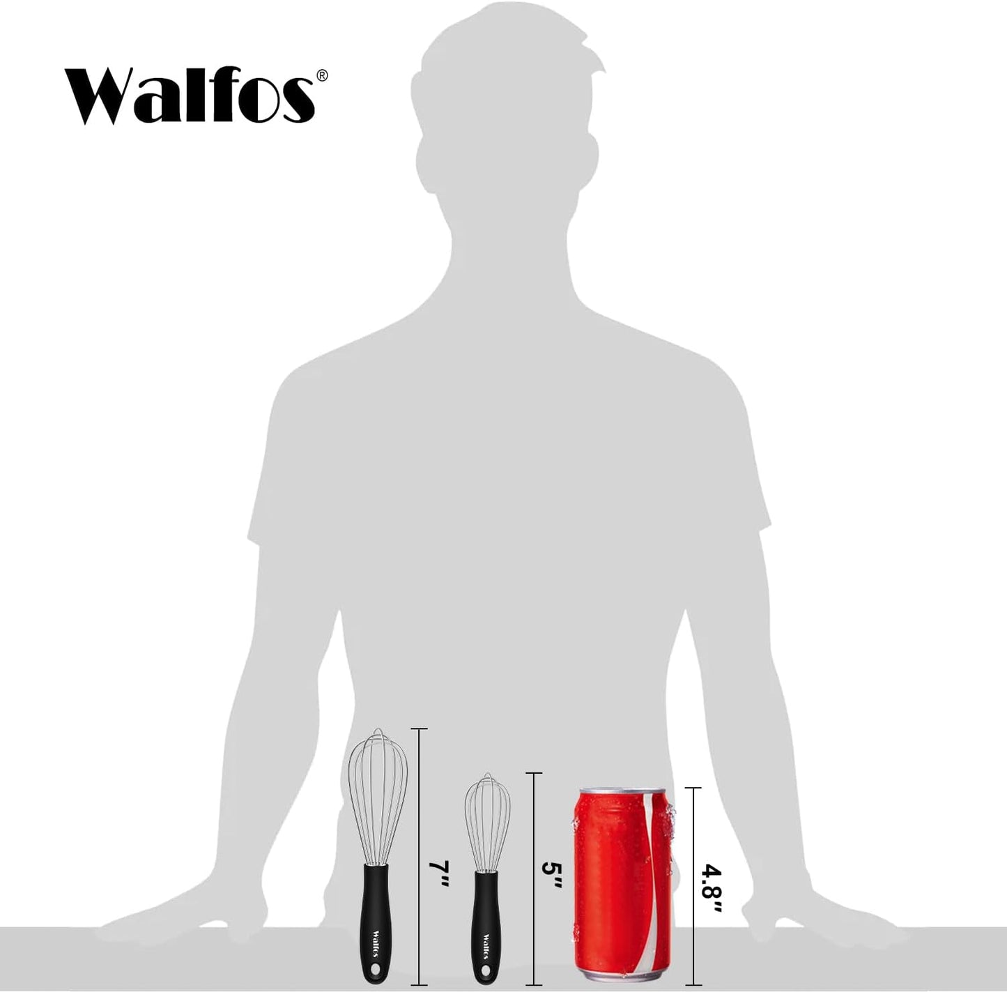 Walfos Mini Stainless Steel Whisk for Cooking - Heat Resistant Kitchen Whisks for Non-stick Cookware, Balloon Egg Beater Perfect for Blending, Whisking, Beating, Frothing & Stirring, 5+7in/12+17cm