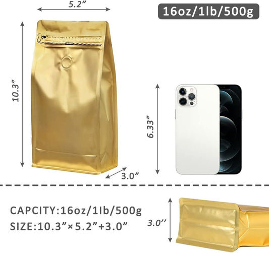 REMTAP Coffee Bags with Valve(50pcs,16 oz,1 lb) Gold High Barrier Aluminum Foil Flat Bottom Standing Coffee Beans Storage Bags,Reusable Heat Sealable Side Zipper Pouches for Home or Store