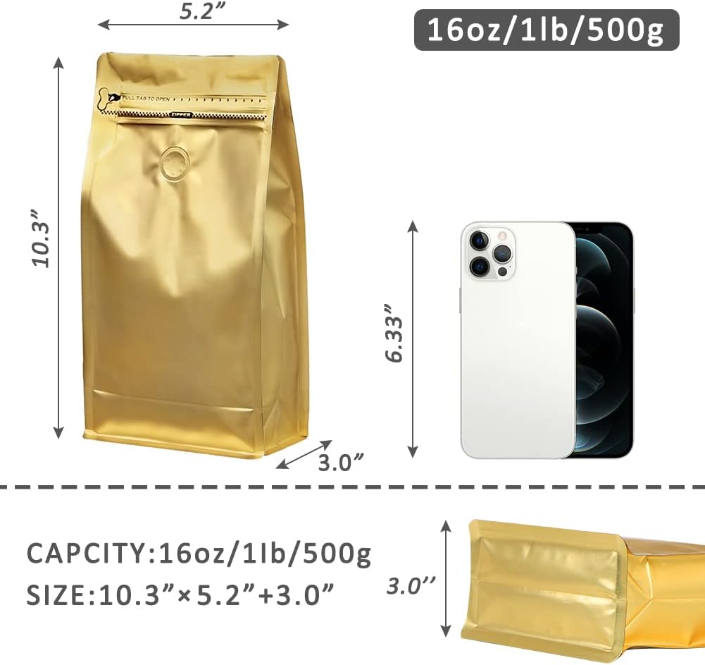 REMTAP Coffee Bags with Valve(100pcs,16oz) Golden High Barrier Aluminumed Foil Flat Bottom Standing Coffee Beans Storage Bags,Reusable Heat Sealable Side Zipper Pouches for Home or Store